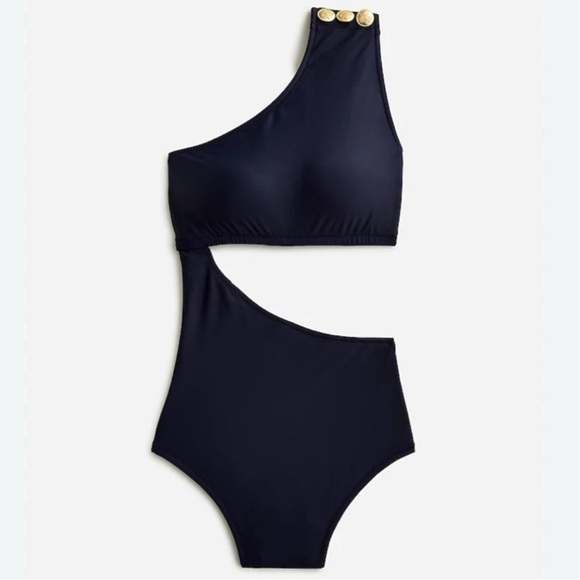 J. Crew Swimsuit Womens 20 Navy One Piece One Shoulder Cut Out Gold Button‎ NEW